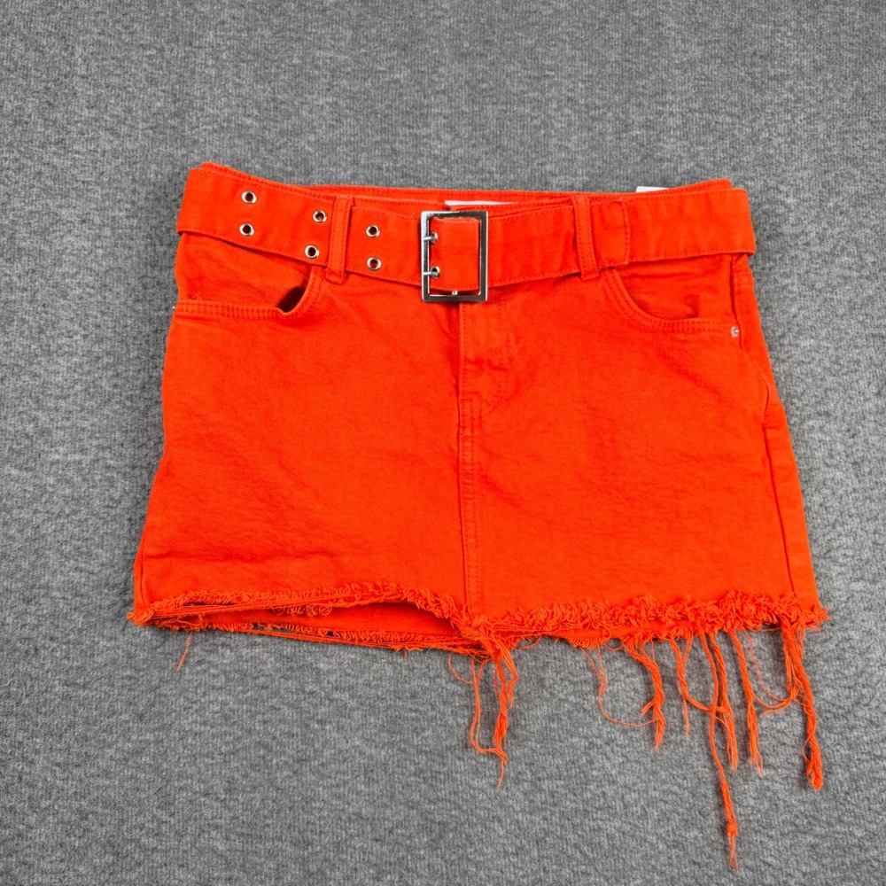 Bershka Orange Denim Beltedβ Mini Skirt USA 4 Frayed Raw Hem Fringe Grommet Belt